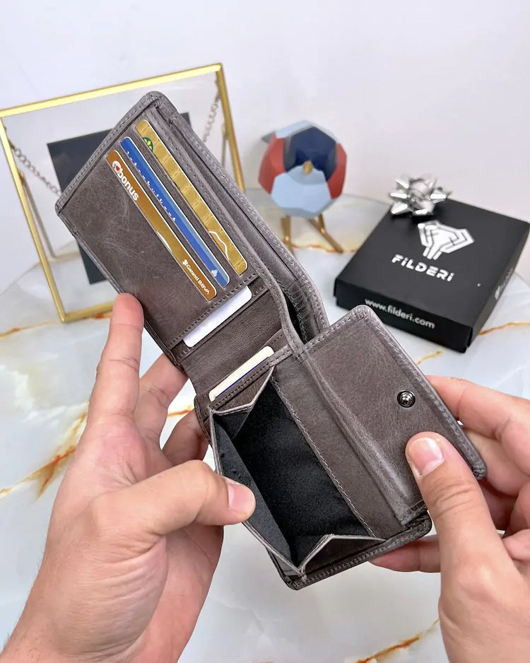 Erkek Cüzdan – Gri Hakiki Deri Kartlıklı Model
