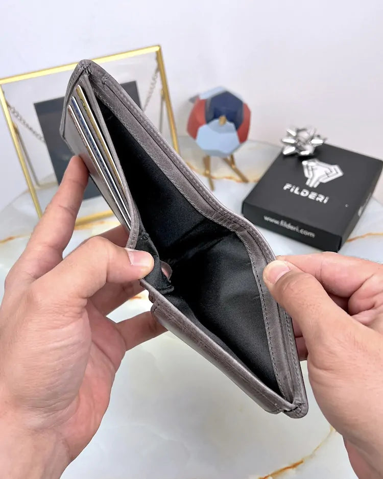 Erkek Cüzdan – Gri Hakiki Deri Kartlıklı Model